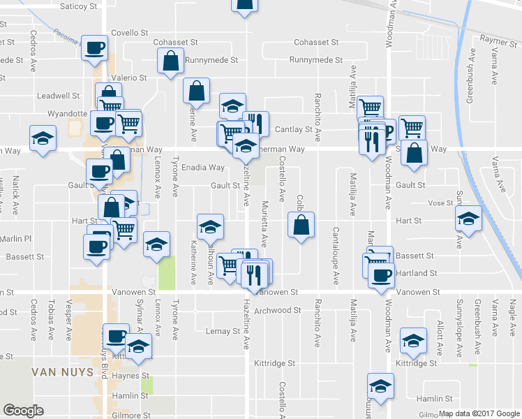 map of restaurants, bars, coffee shops, grocery stores, and more near 7017 Murietta Avenue in Los Angeles