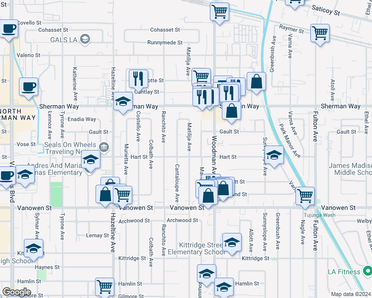 map of restaurants, bars, coffee shops, grocery stores, and more near 7017 Matilija Avenue in Los Angeles