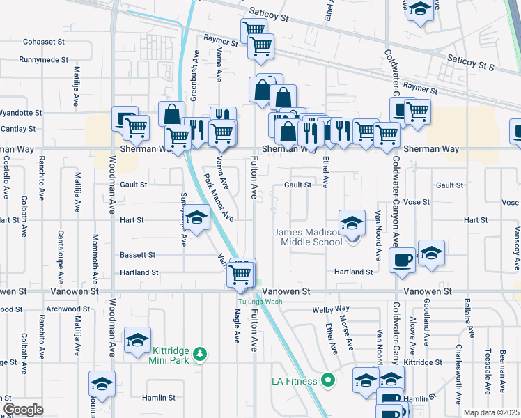 map of restaurants, bars, coffee shops, grocery stores, and more near 7020 Fulton Avenue in Los Angeles
