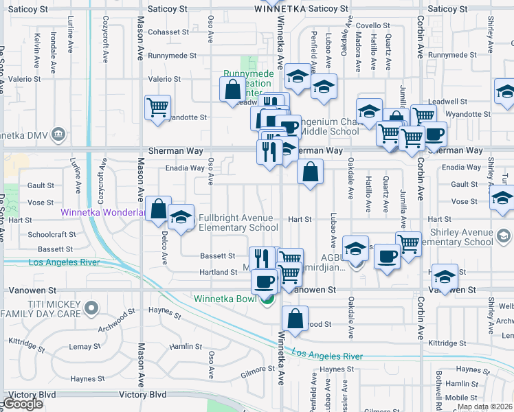 map of restaurants, bars, coffee shops, grocery stores, and more near 7025 Comanche Avenue in Los Angeles