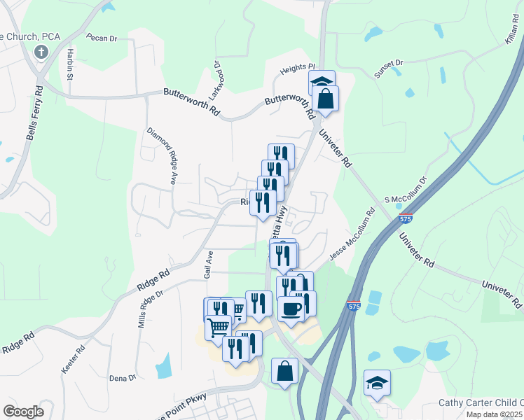 map of restaurants, bars, coffee shops, grocery stores, and more near 3204 Ridge Road in Canton