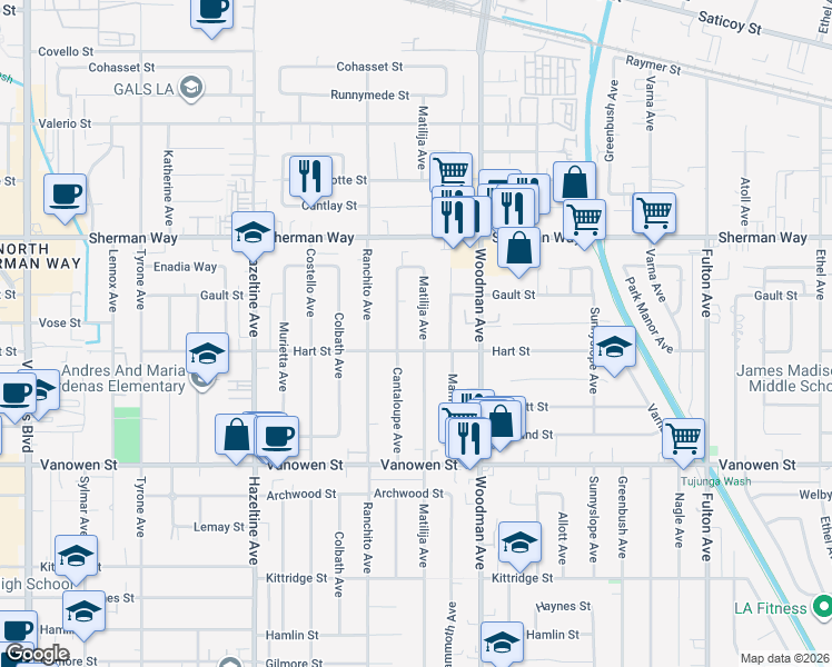 map of restaurants, bars, coffee shops, grocery stores, and more near 7017 Matilija Avenue in Los Angeles