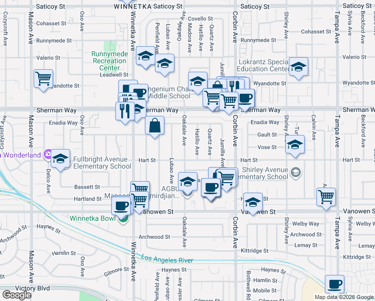 map of restaurants, bars, coffee shops, grocery stores, and more near 7020 Oakdale Avenue in Los Angeles