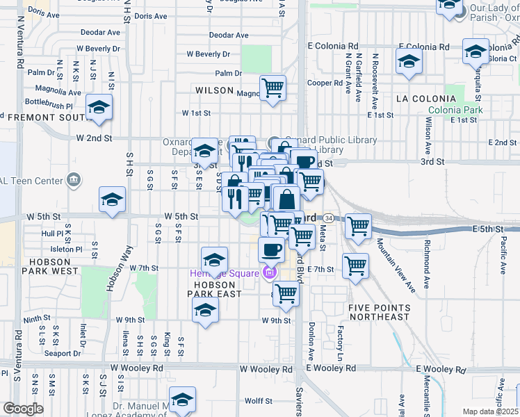 map of restaurants, bars, coffee shops, grocery stores, and more near 219 North 5th Street in Oxnard