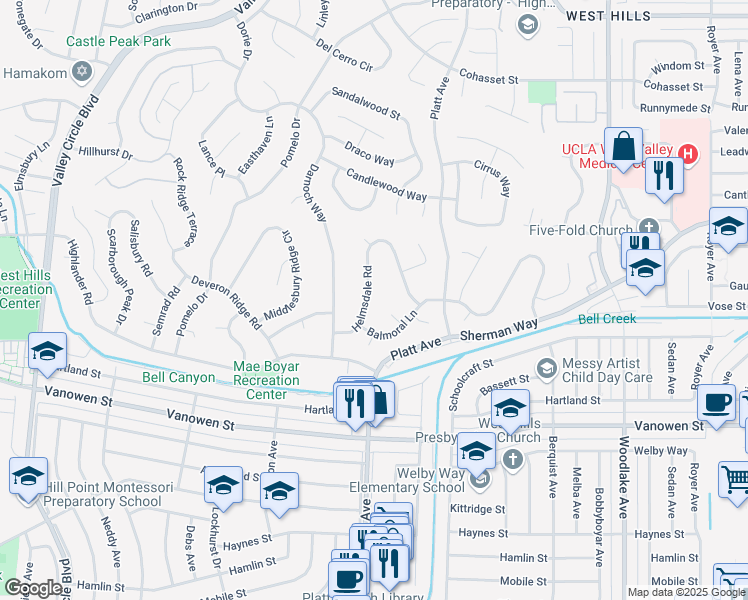 map of restaurants, bars, coffee shops, grocery stores, and more near 7054 Helmsdale Road in Los Angeles