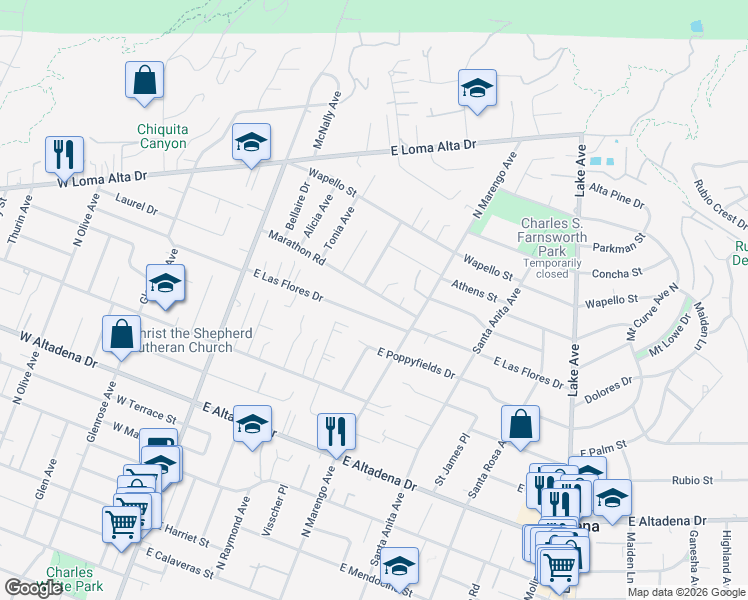 map of restaurants, bars, coffee shops, grocery stores, and more near Marathon Road in Altadena