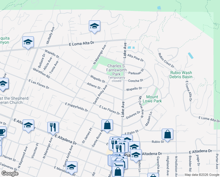 map of restaurants, bars, coffee shops, grocery stores, and more near 576 Wapello Street in Altadena