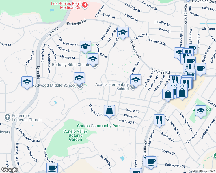 map of restaurants, bars, coffee shops, grocery stores, and more near 1391 Hendrix Avenue in Thousand Oaks