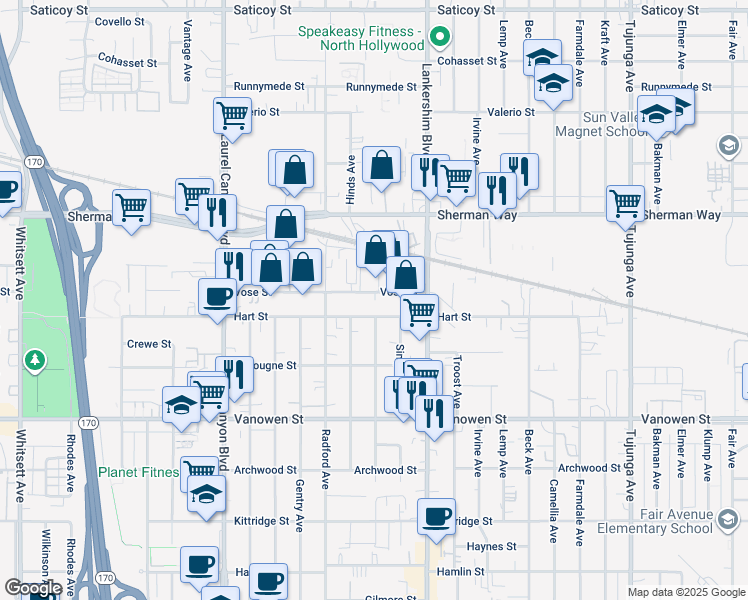 map of restaurants, bars, coffee shops, grocery stores, and more near 11815 Vose Street in Los Angeles