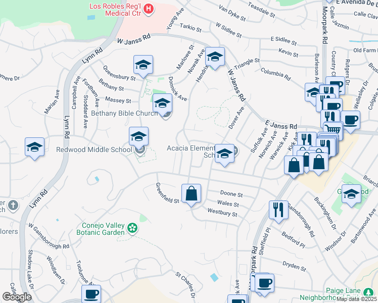 map of restaurants, bars, coffee shops, grocery stores, and more near 1391 Hendrix Avenue in Thousand Oaks