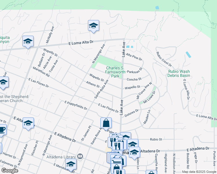 map of restaurants, bars, coffee shops, grocery stores, and more near 576 Wapello Street in Altadena