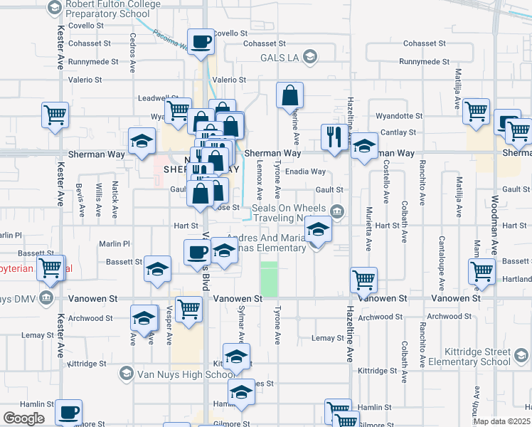 map of restaurants, bars, coffee shops, grocery stores, and more near 7020 Lennox Avenue in Los Angeles
