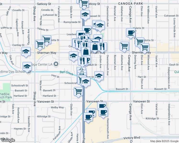 map of restaurants, bars, coffee shops, grocery stores, and more near 7043 Vassar Avenue in Los Angeles