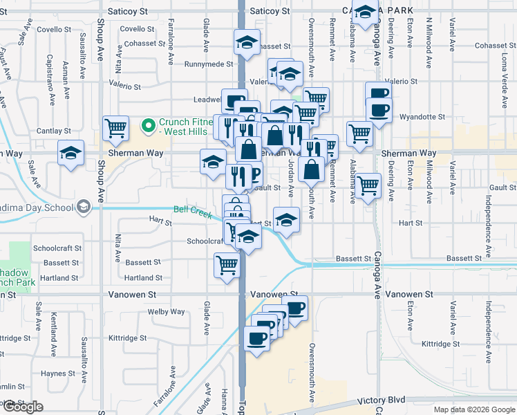 map of restaurants, bars, coffee shops, grocery stores, and more near 7025 Vassar Avenue in Los Angeles