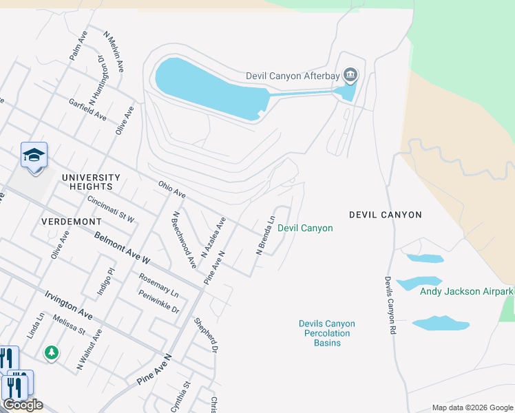 map of restaurants, bars, coffee shops, grocery stores, and more near 6429 Ashley Court in San Bernardino