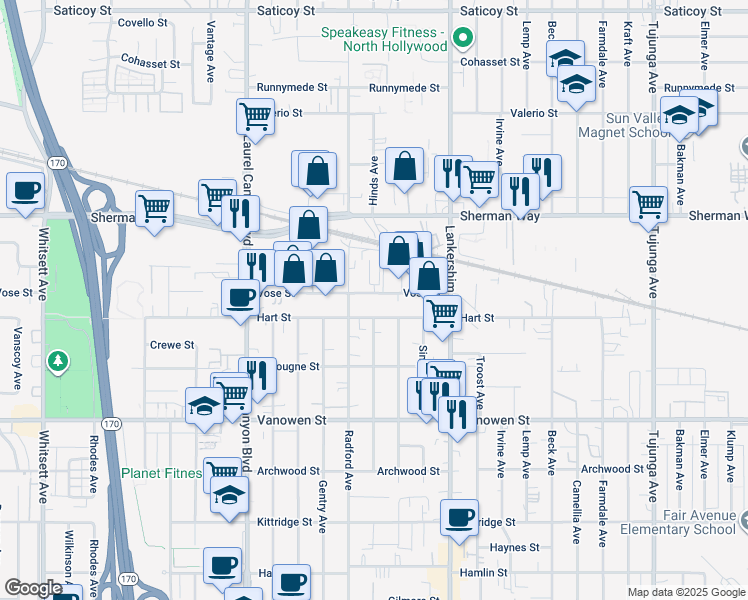 map of restaurants, bars, coffee shops, grocery stores, and more near 11815 Vose Street in Los Angeles