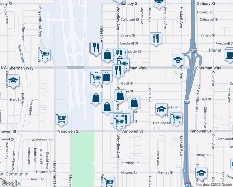 map of restaurants, bars, coffee shops, grocery stores, and more near 7036 Woodley Avenue in Los Angeles