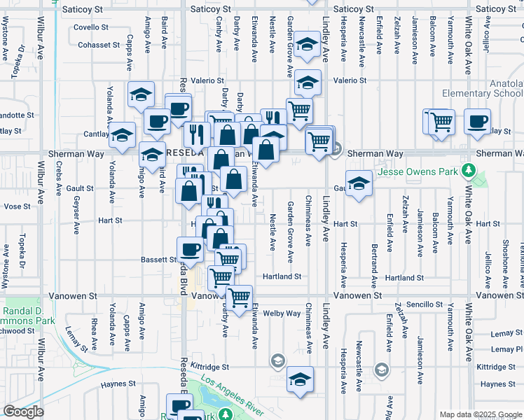 map of restaurants, bars, coffee shops, grocery stores, and more near 7034 Etiwanda Avenue in Los Angeles