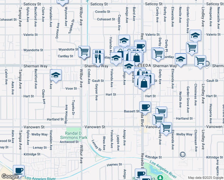map of restaurants, bars, coffee shops, grocery stores, and more near 7027 Yolanda Avenue in Los Angeles