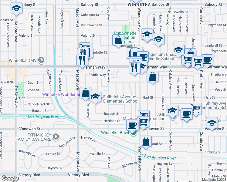 map of restaurants, bars, coffee shops, grocery stores, and more near 7030 Oso Avenue in Los Angeles