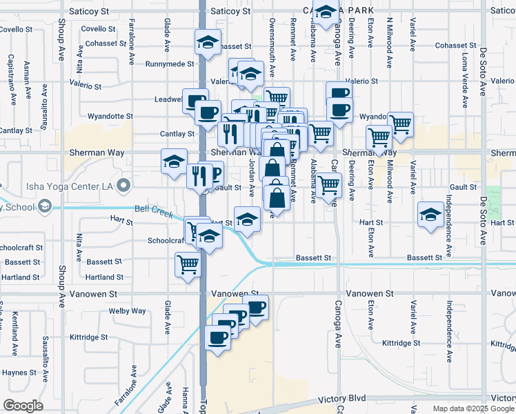 map of restaurants, bars, coffee shops, grocery stores, and more near 7041 Owensmouth Avenue in Los Angeles