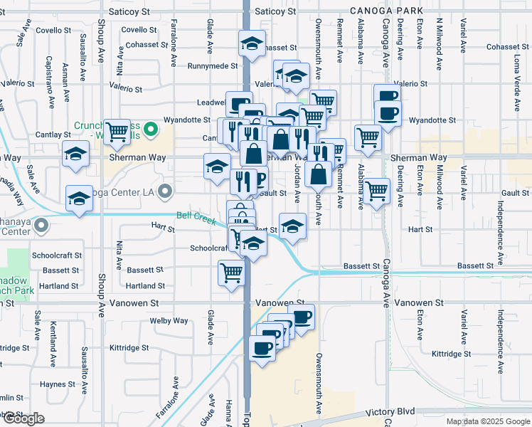 map of restaurants, bars, coffee shops, grocery stores, and more near 7043 Vassar Avenue in Los Angeles