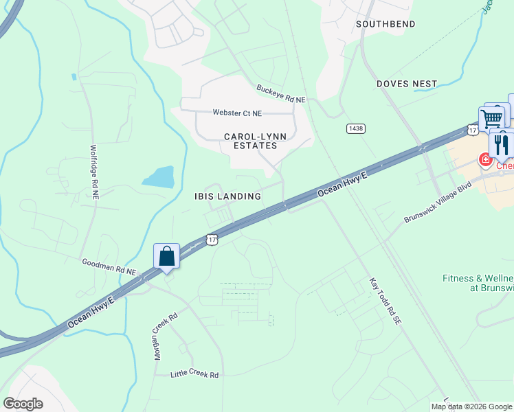 map of restaurants, bars, coffee shops, grocery stores, and more near 8031 Ocean Highway East in Leland