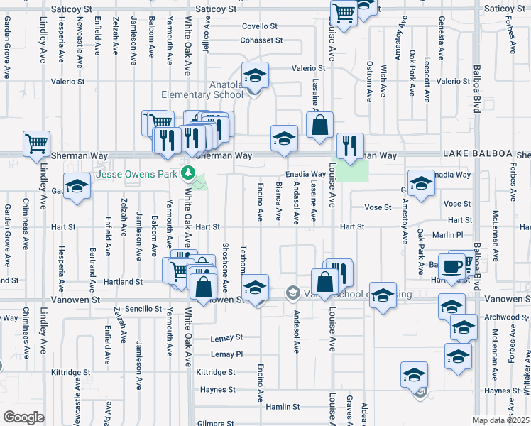 map of restaurants, bars, coffee shops, grocery stores, and more near 7020 Encino Avenue in Los Angeles
