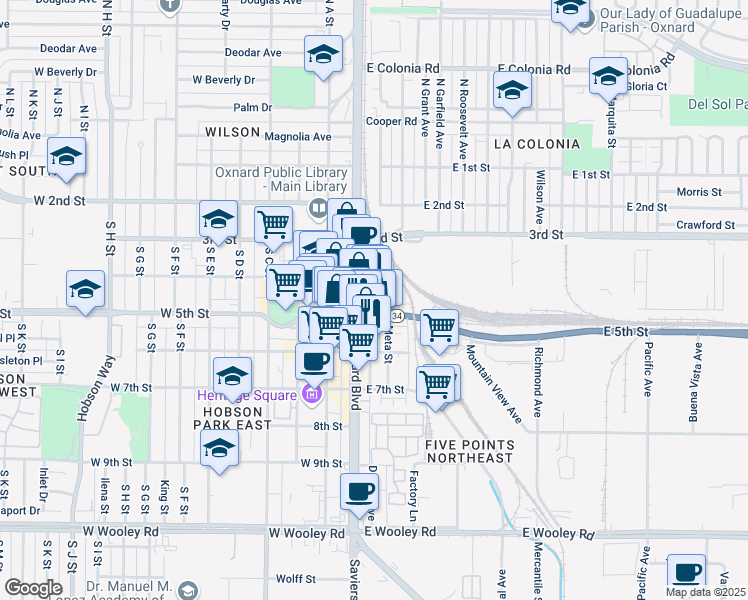 map of restaurants, bars, coffee shops, grocery stores, and more near 440 South Oxnard Boulevard in Oxnard