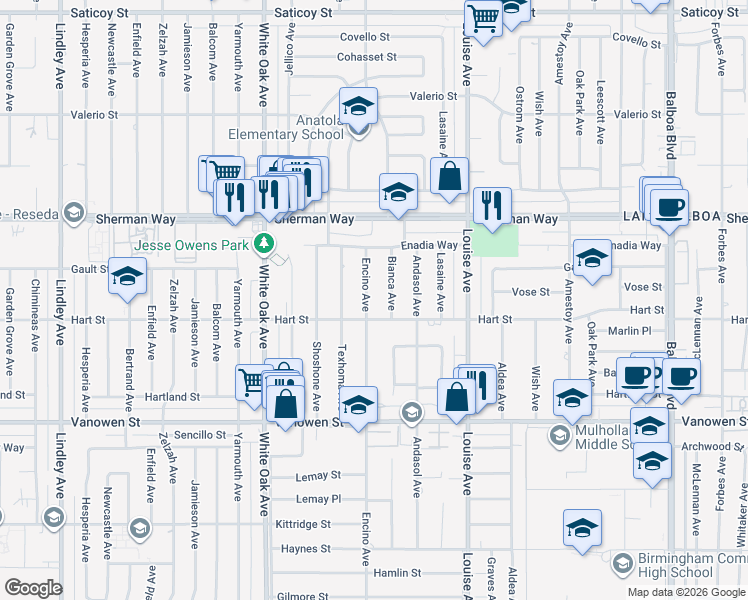 map of restaurants, bars, coffee shops, grocery stores, and more near 7020 Encino Avenue in Los Angeles