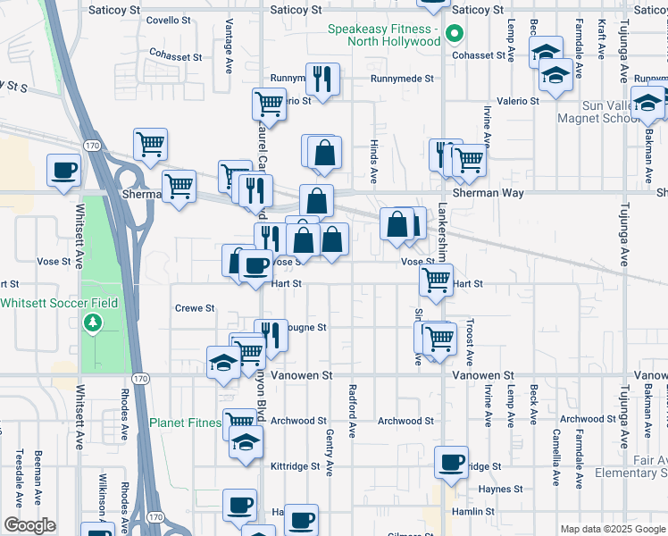 map of restaurants, bars, coffee shops, grocery stores, and more near 11933 Vose Street in Los Angeles