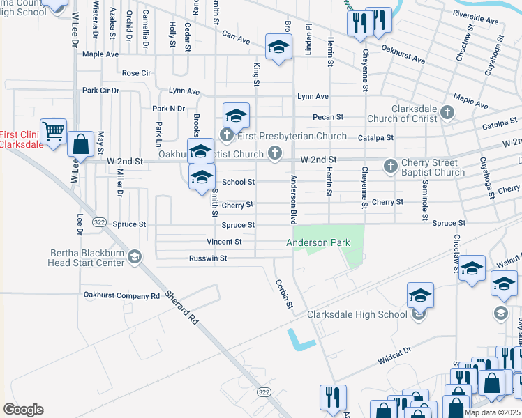 map of restaurants, bars, coffee shops, grocery stores, and more near 847-899 Cherry Street in Clarksdale
