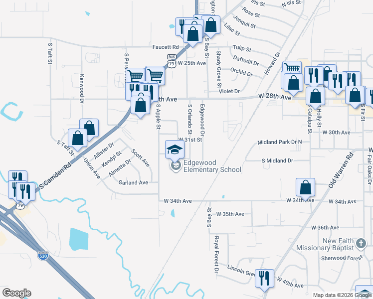 map of restaurants, bars, coffee shops, grocery stores, and more near 3103 Taylor Drive in Pine Bluff