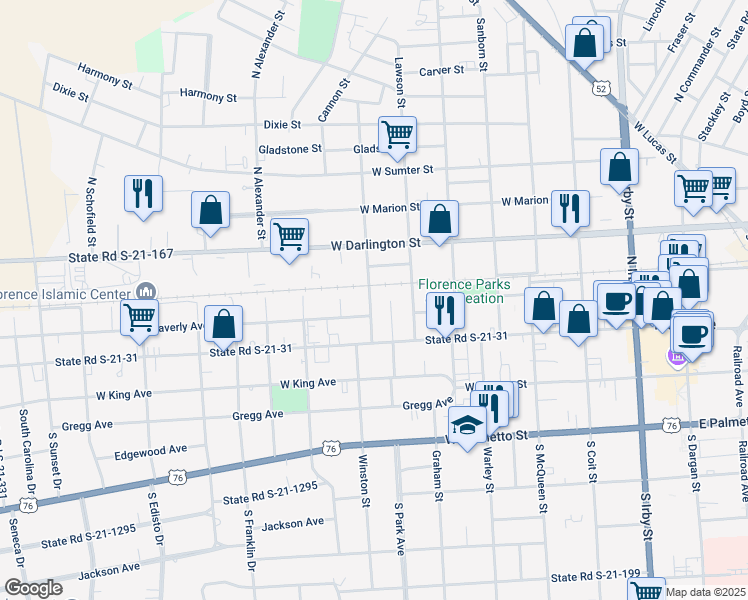map of restaurants, bars, coffee shops, grocery stores, and more near 120 State Road S-21-174 in Florence
