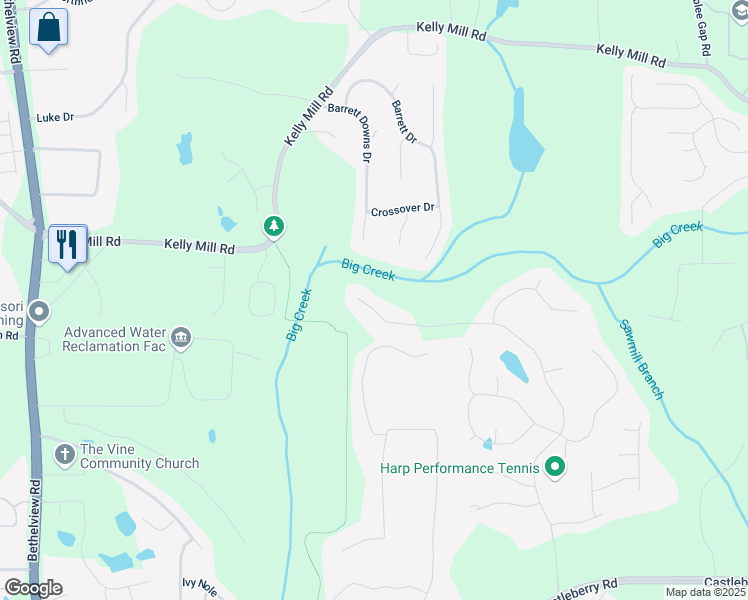 map of restaurants, bars, coffee shops, grocery stores, and more near 5450 Piney Grove Drive in Cumming
