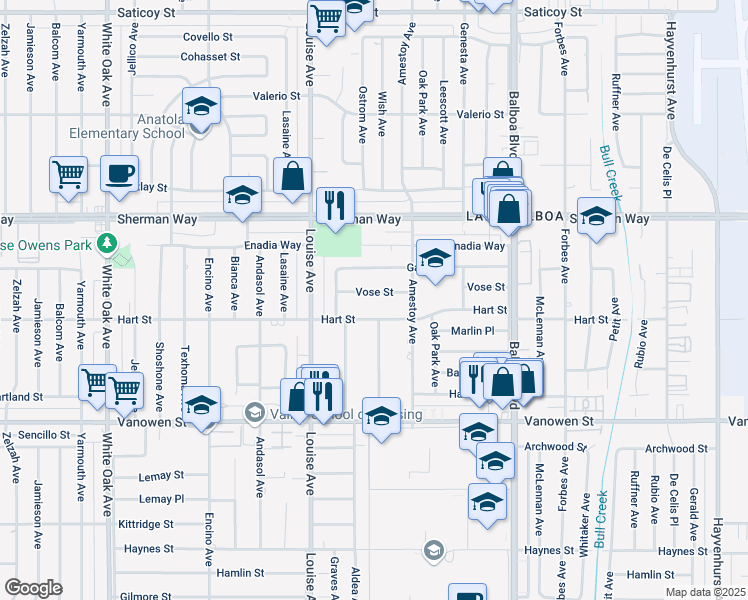 map of restaurants, bars, coffee shops, grocery stores, and more near 17157 Vose Street in Los Angeles