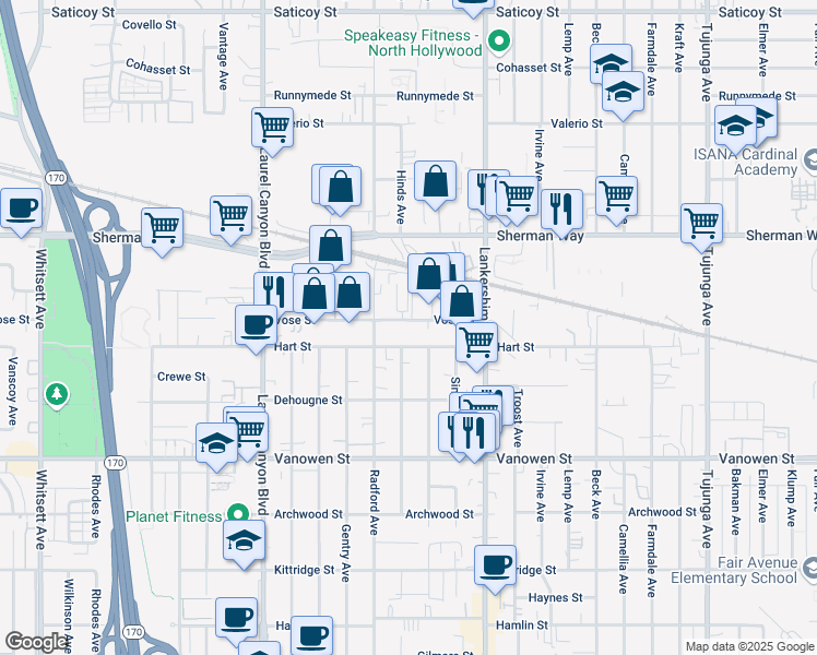 map of restaurants, bars, coffee shops, grocery stores, and more near 11815 Vose Street in Los Angeles