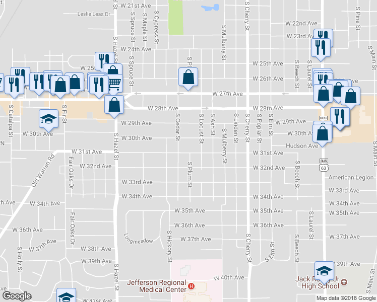map of restaurants, bars, coffee shops, grocery stores, and more near 1607 West 31st Avenue in Pine Bluff