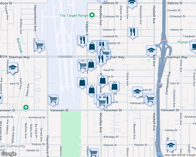 map of restaurants, bars, coffee shops, grocery stores, and more near 7025 Woodley Avenue in Los Angeles