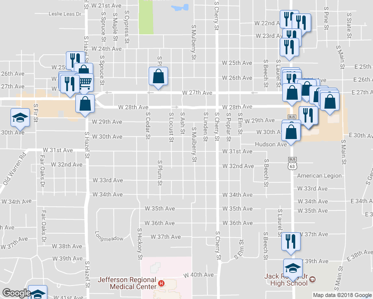 map of restaurants, bars, coffee shops, grocery stores, and more near 1305 West 31st Avenue in Pine Bluff