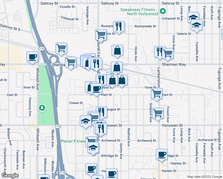map of restaurants, bars, coffee shops, grocery stores, and more near 12019 Vose Street in Los Angeles