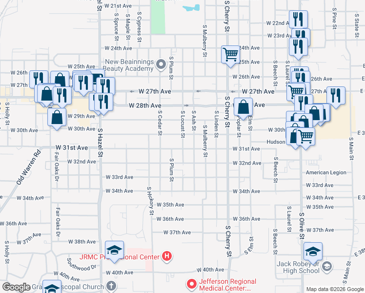 map of restaurants, bars, coffee shops, grocery stores, and more near 1501 West 31st Avenue in Pine Bluff
