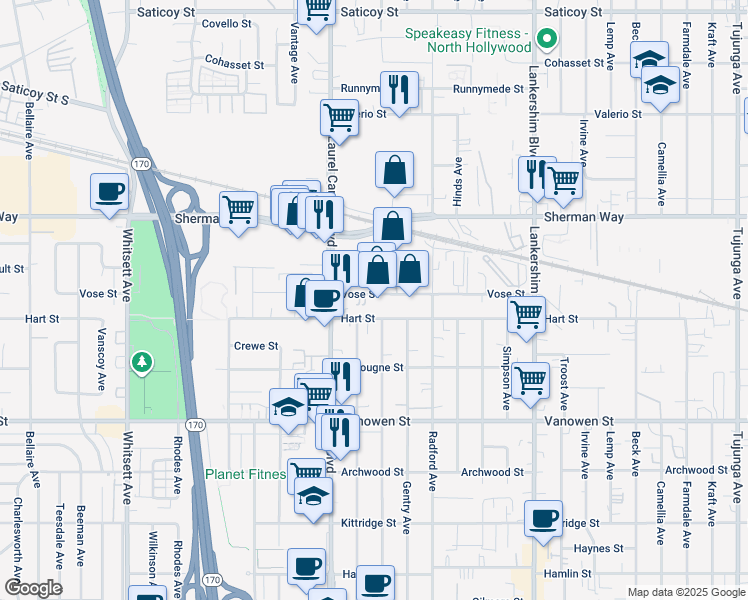 map of restaurants, bars, coffee shops, grocery stores, and more near 12010 Vose Street in Los Angeles
