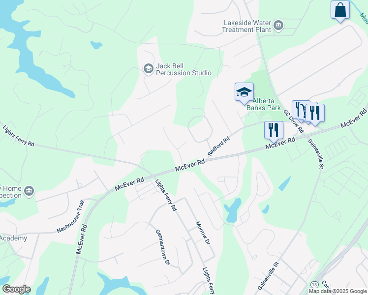 map of restaurants, bars, coffee shops, grocery stores, and more near 5760 Blossom Brook Court in Flowery Branch