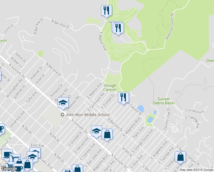 map of restaurants, bars, coffee shops, grocery stores, and more near 1083 East Fairmount Road in Burbank