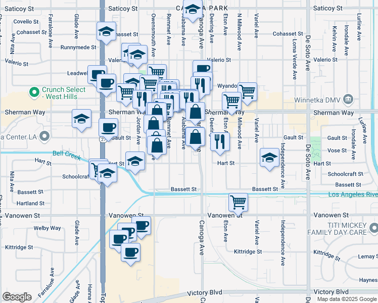 map of restaurants, bars, coffee shops, grocery stores, and more near 7032 Alabama Avenue in Los Angeles