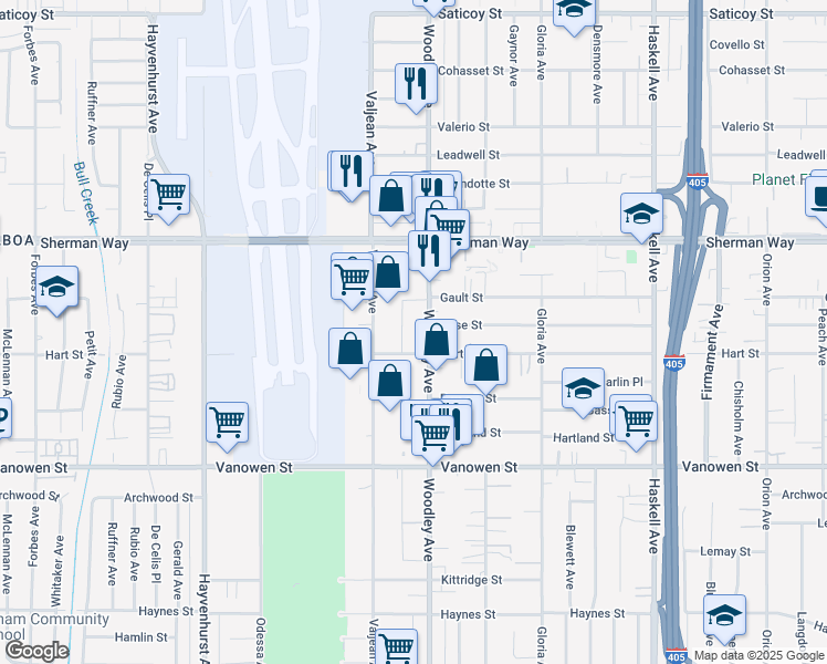 map of restaurants, bars, coffee shops, grocery stores, and more near 7025 Woodley Avenue in Los Angeles