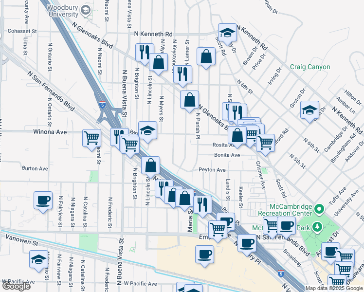 map of restaurants, bars, coffee shops, grocery stores, and more near 2127 North Lamer Street in Burbank
