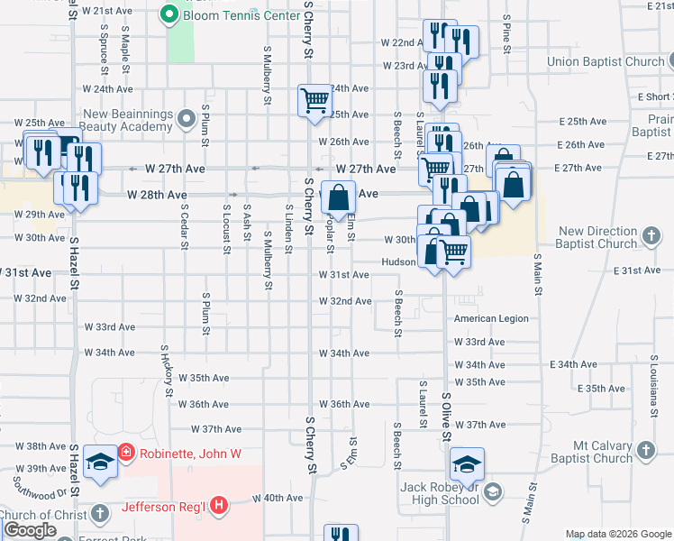 map of restaurants, bars, coffee shops, grocery stores, and more near 3008 South Elm Street in Pine Bluff