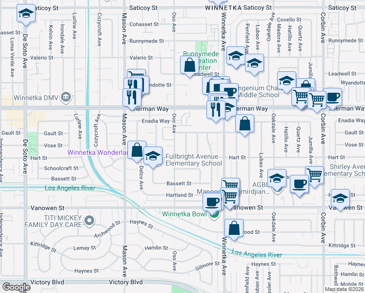 map of restaurants, bars, coffee shops, grocery stores, and more near 7030 Oso Avenue in Los Angeles